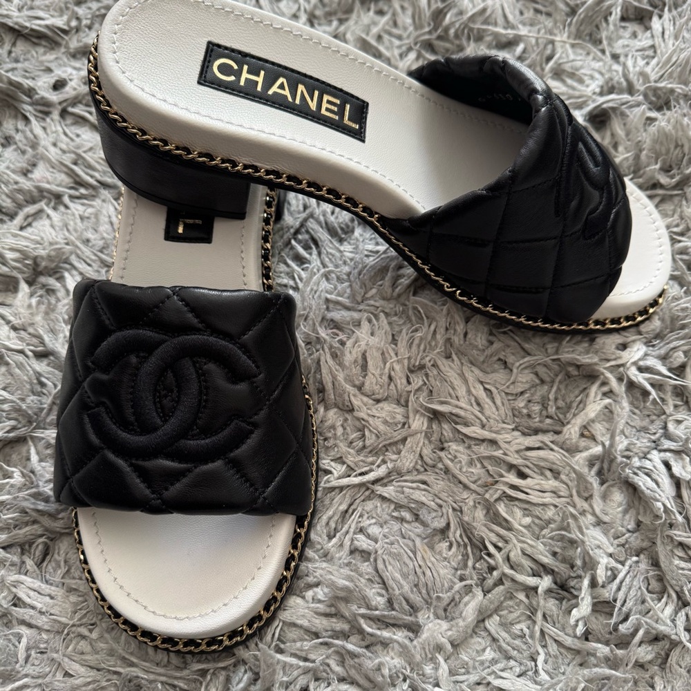 Chanel Black and White Quilted Slide Sandals